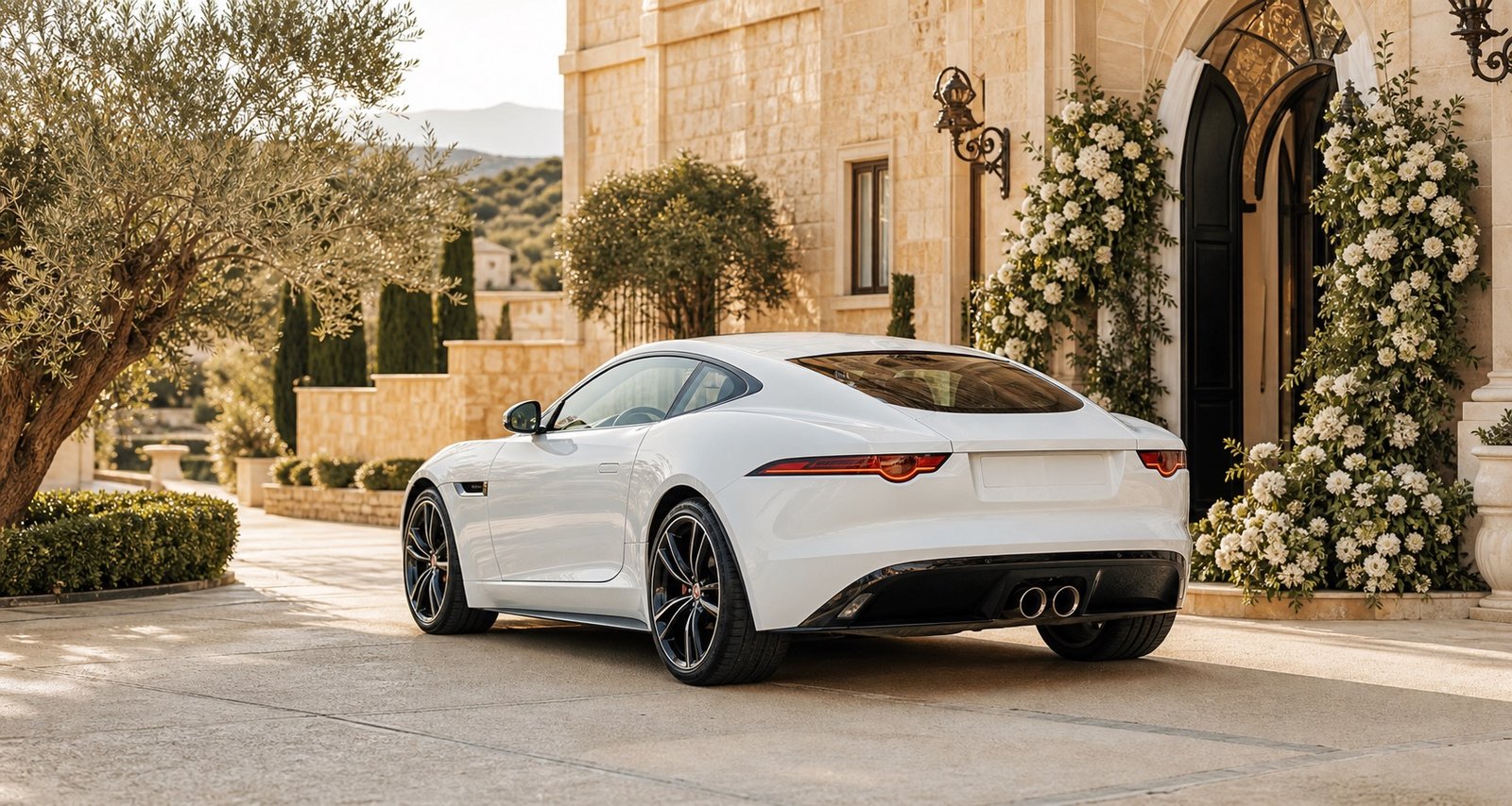 Jaguar F-Type bianca vista da dietro all'arrivo al ricevimento