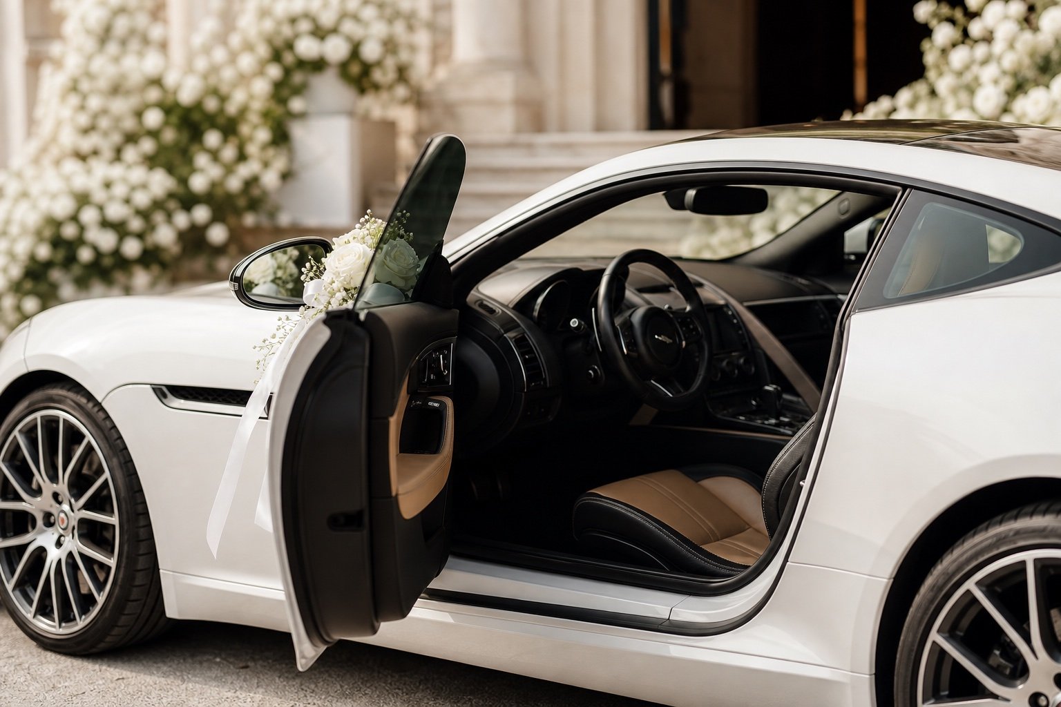 Dettaglio degli interni della Jaguar F-Type bianca per matrimonio